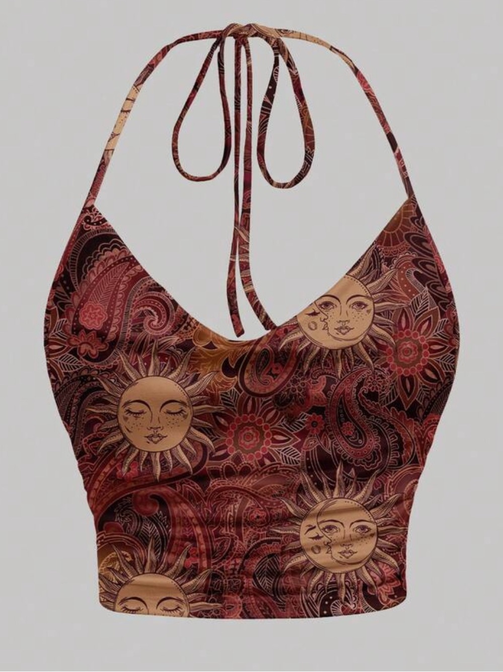 Celestial Vibes Paisley Sun Graphic Halter Crop Top NEW 🏷️